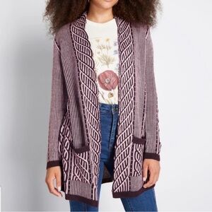ModCloth Graphic Knit Cardigan Medium Longline Open Front Cream